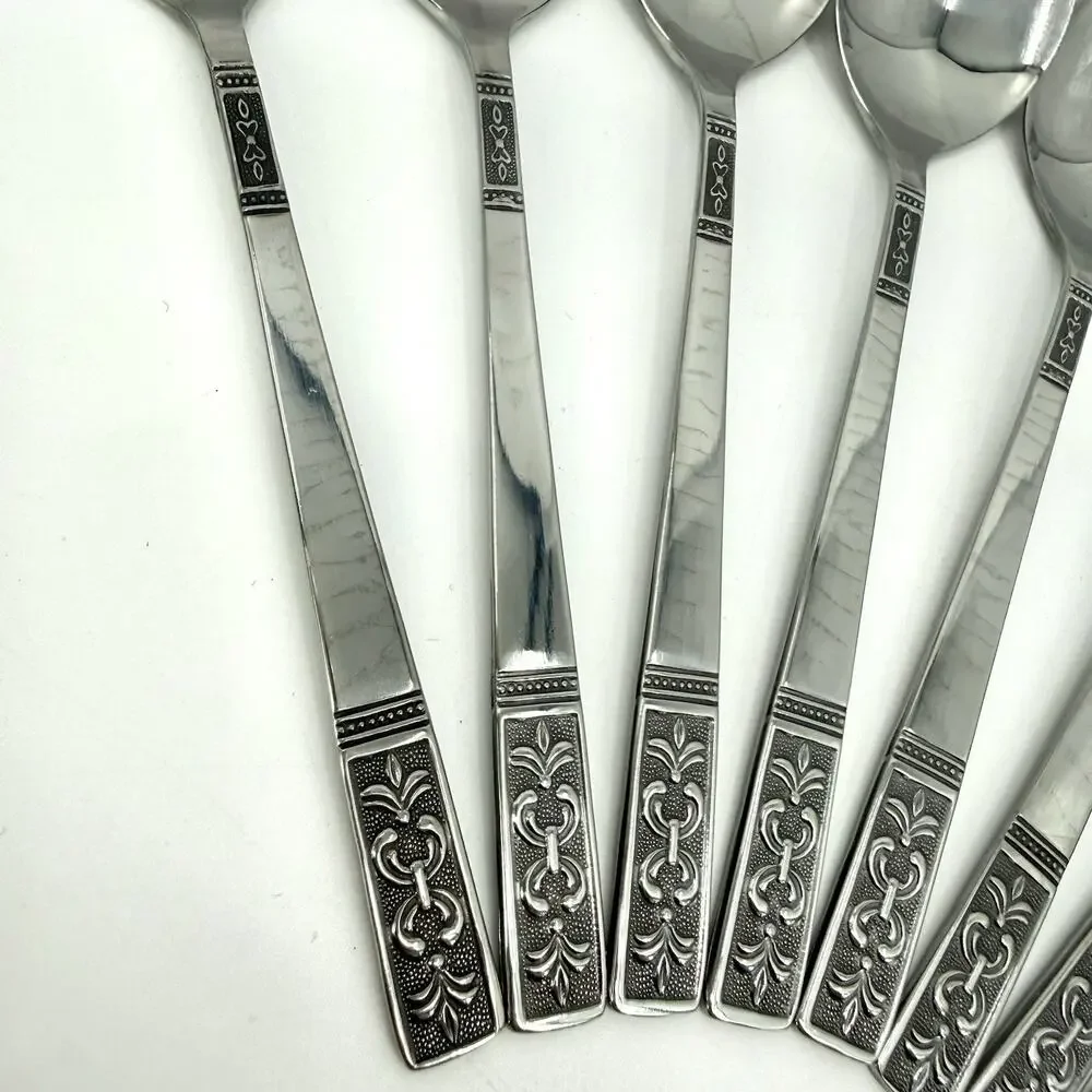 Customcraft Set~8 Stainless Teaspoons CUS3 Taiwan Flatware Silver/Black Accent